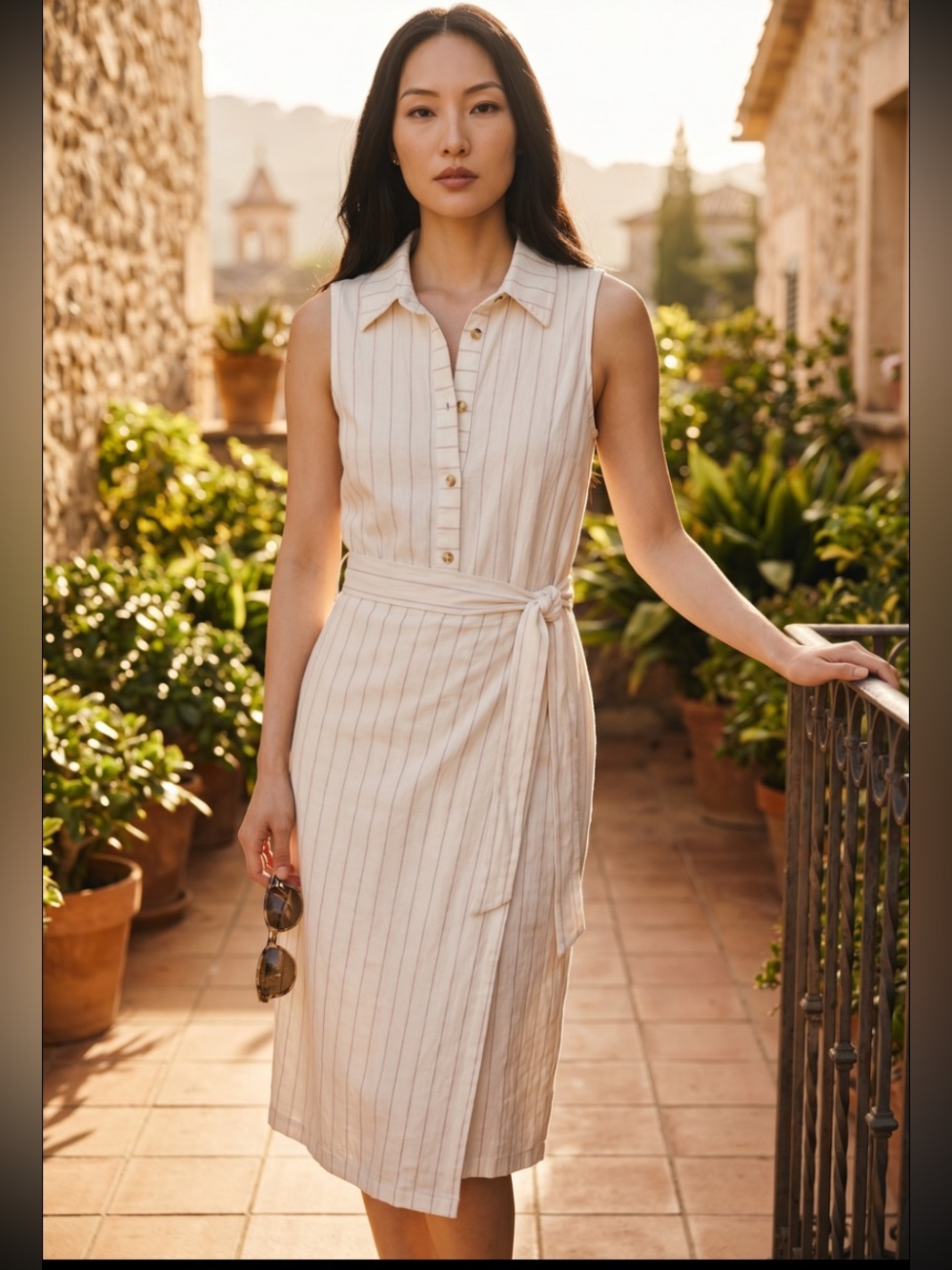 Leallo cream sleeveless button down midi dress